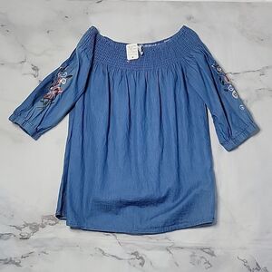 My Beloved Chambray Embroidered Off the Shoulder Top